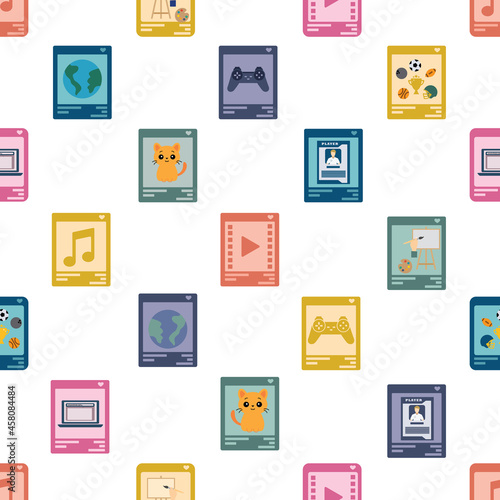 NFT Marketplace with Various Non Fungible Tokens. Seamless Vector Illustration of NFT Categories like Art, Music, Domain Names, Virtual Worlds, Trading Crads,Collectibles, Sports