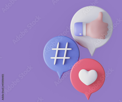 3D Three balloon shapes with Cartoon thumb up and hashtag and heart on purple background. 3d rendering illustration