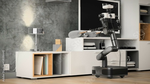 Robot apartment cleaner. Robot house helper removes dust from the pedestals. 3d illustration