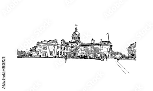 Building view with landmark of Kingstown is the capital of Saint Vincent and the Grenadines.. Hand drawn sketch illustration in vector.