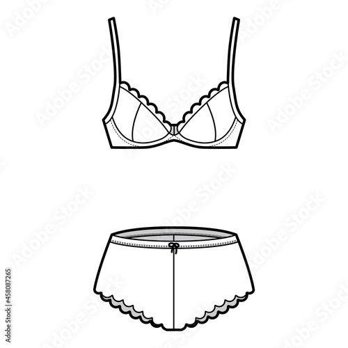 Set of lingerie - bra underwire and french knickers pants technical fashion illustration with escalloped edge. Flat brassiere template front, white color style. Women, men, unisex underwear CAD mockup