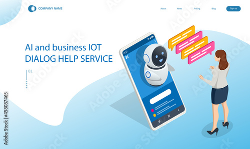 Isometric artificial intelligence. Chat bot and future marketing. AI and business IOT concept. Chatting with chatbot application. Dialog help service.