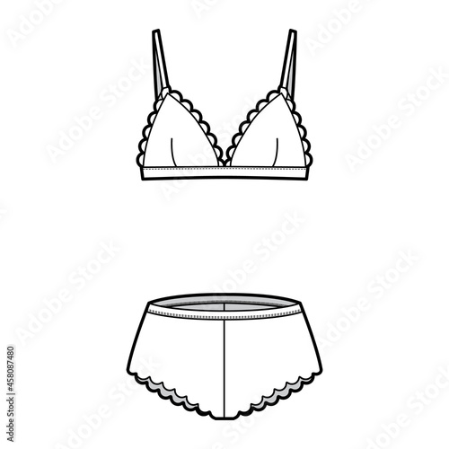 Set of lingerie - bra triangle and classic briefs panties technical fashion illustration with scalloped edge. Flat brassiere template front, white color style. Women men unisex underwear mockup