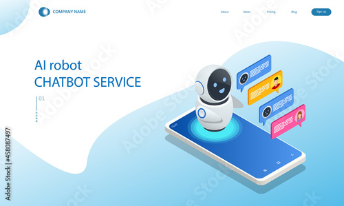 Isometric artificial intelligence. Chat bot and future marketing. AI and business IOT concept. Chatting with chatbot application. Dialog help service.