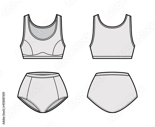Set of lingerie - sport bra and panties technical fashion illustration with normal waist, high rise. Flat athletic brassiere template front, back, grey color. Women, men, unisex underwear CAD mockup