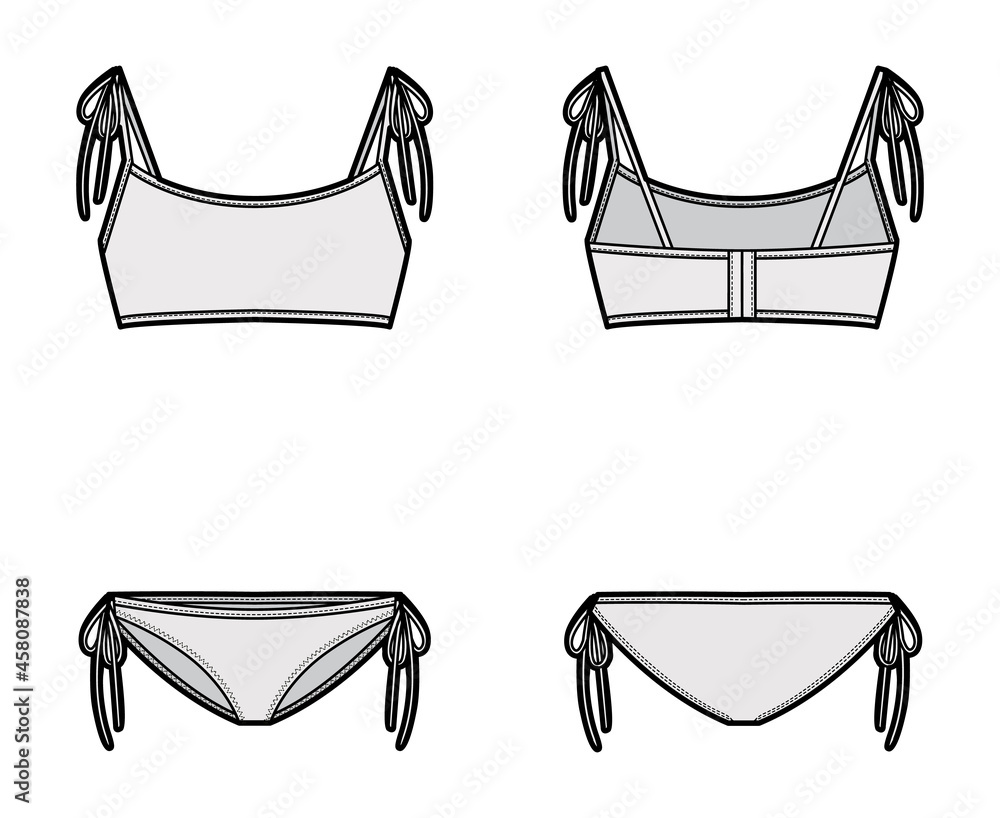 Vetor de Set of lingerie - bra top and string bikinis panties technical  fashion illustration with adjustable tie straps. Flat brassiere template  front back grey color style. Women men unisex underwear CAD