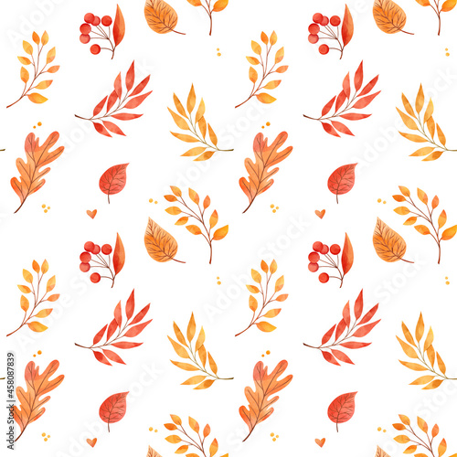 Watercolor background with fall leaves, acorns, berries. Forest design elements. Hello Autumn! Seamless pattern in warm colors. Perfect for fabric, wrapping paper, textile