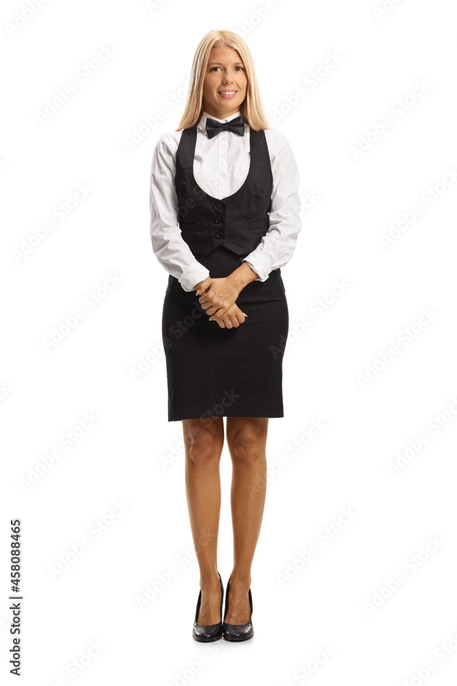 Full length portrait of a female waiter in a uniform posing Full length portrait of a female waiter in a uniform posing