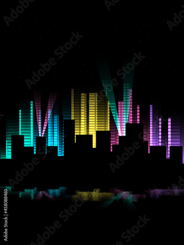 Night city. Urban multicolored cityscape with night spotlights