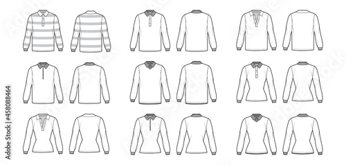 Set of Polo Shirts technical fashion illustration with long sleeves, tunic length, henley neck, fitted oversized body, classic collar. Apparel top outwear template front, back, white color. Women CAD
