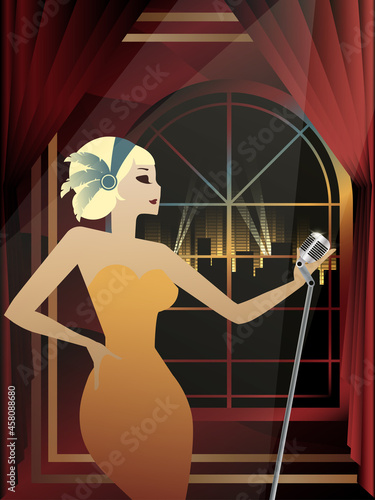 Jazz singer in the background of a window with a night city