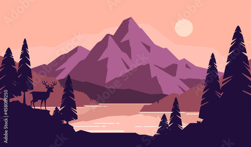 Vector mountain lake landscape with pine forest flat illustration. Deer silhouette on mountain peak background. Traveling and camping poster design