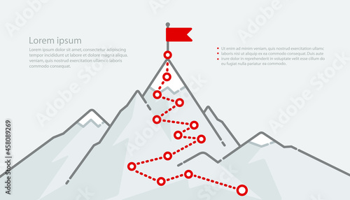 Route to the top and flag on the peak mountain - business success concept. Landscape with flag on the mountain. Goal achievement and victory. Route to success concept vector illustration