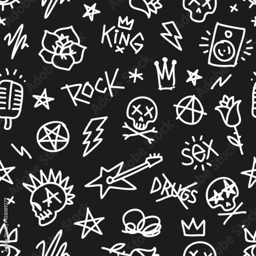 Rock n Roll doodle style seamless pattern with punk and tattoo elements. Endless fashion background isolated from black. Rock n Roll music pattern for Tee print design, print fabric texture