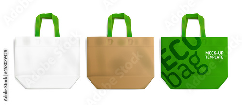 Realistic vector shopping eco bag or package mockup set for brand identity design. White, green, brown paper and cotton eco bags for your logo presentation. Isolated on white illustration