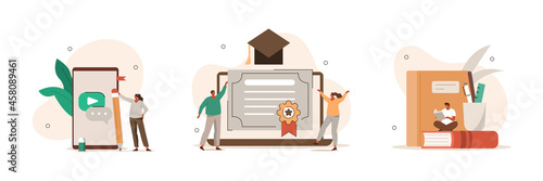 Educational scenes. Characters reading learning books, studying online on mobile phone and receiving graduation diploma. Online education concept. Flat cartoon vector illustration and icons set.
