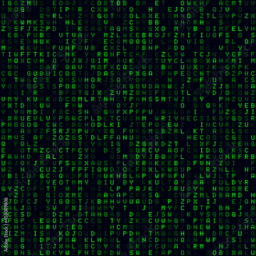 Tech background. Green filled alphabet letters background. Medium sized seamless pattern. Beautiful vector illustration.