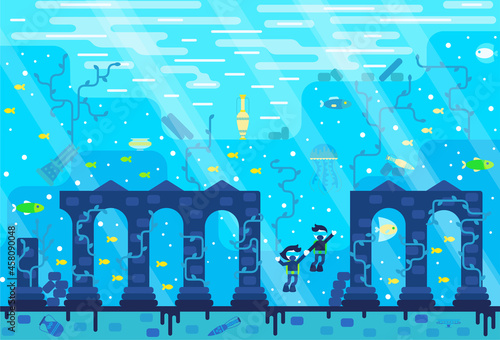 Girl and boy divers explore the ancient ruined city in search of treasures. Vector cartoon illustration in flat stile. Vector illustration