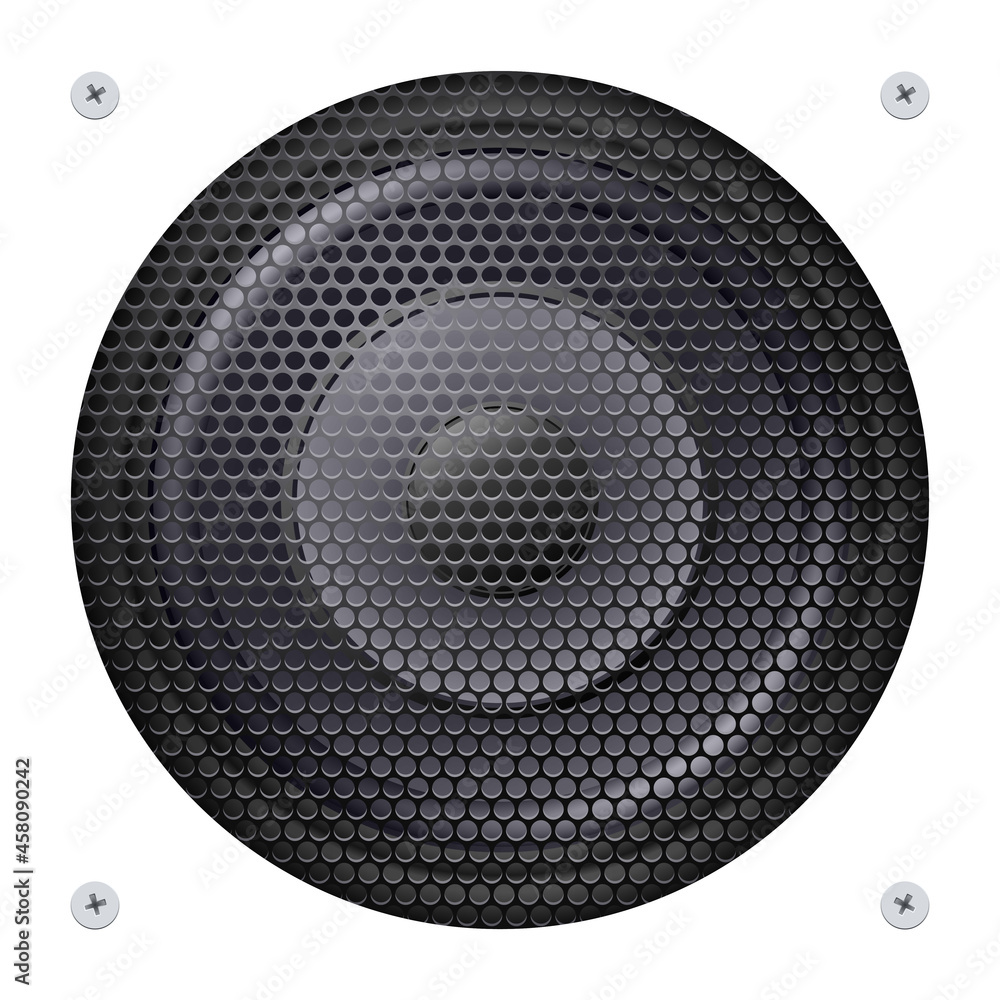 Sound Speakers Dynamics and Metal Mesh. Musical Speaker on a White Background with Bolts and Metal Mesh