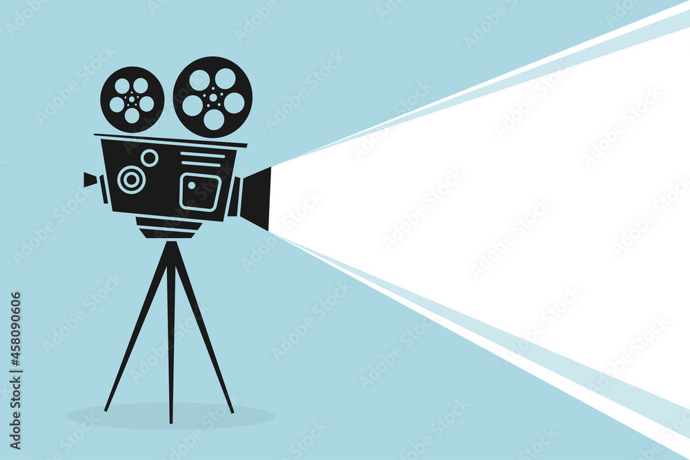 Detailed silhouette of vintage cinema projector or camcorder on a tripod. Cinema background. Old film projector with place for your text. Movie festival template for banner, flyer, poster or tickets. - obrazy, fototapety, plakaty 