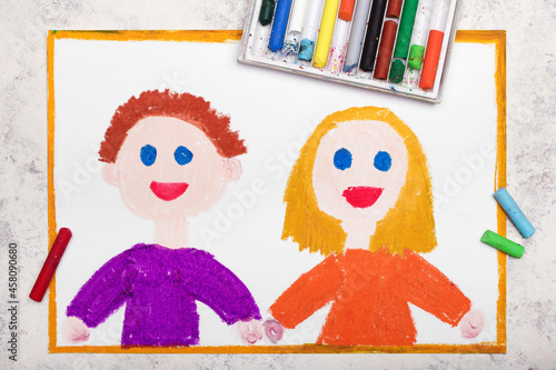 Colorful drawing:  Happy heterosexual relationship. Smiling man and woman holding heands. Couple in love or friends