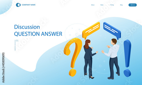 Isometric question and answer concept. Discussion man and women. Communication concept.