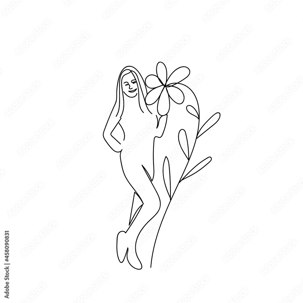 line art girl with flower vector illustration