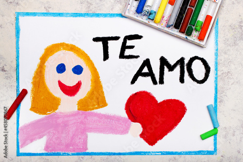 Colorful drawing: A smiling woman holds a red heart in her hand. Declaration of love with inscription in Spanish language means I LOVE YOU