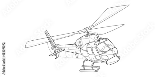 Adult military helicopter coloring page for book. Copter and Aircraft. Vector illustration. Vehicle war-plane Graphic element. chopper. Black contour sketch illustrate Isolated on white background