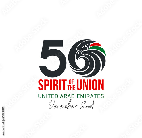 50 UAE national day logo with falcon head icon in the UAE flag colors illustration banner. Sign of United Arab Emirates 2 December Spirit of the union 50 National day Anniversary Celebration Card 2021