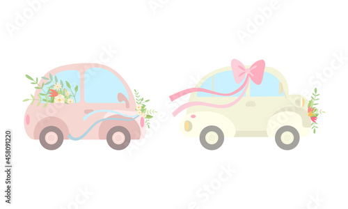Vintage Car Decorated with Flowers and Ribbon as Wedding Retro Vehicle Vector Set