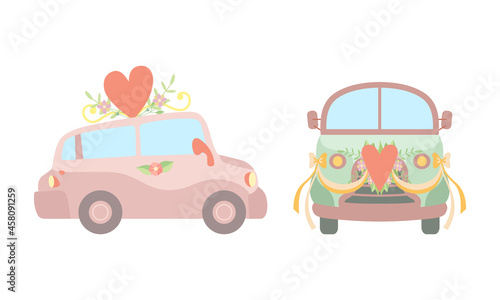 Vintage Car Decorated with Flowers and Heart as Wedding Retro Vehicle Vector Set