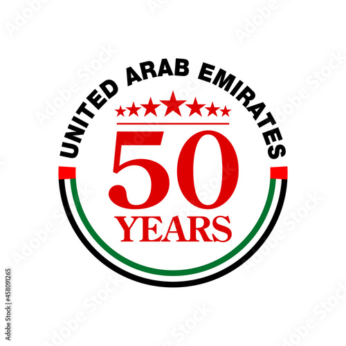 50th anniversary UAE national day logo with UAE flag and 7 stars illustration banner. Sign of United Arab Emirates 2 December Spirit of the union 50 years National day Celebration Card 2021 on white