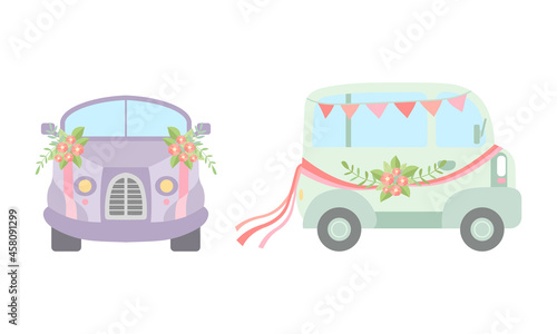 Vintage Car and Van Decorated with Flowers and Ribbon as Wedding Retro Vehicle Vector Set