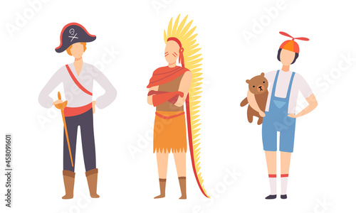 Man Character Wearing Carnival or Party Garment Vector Illustration Set