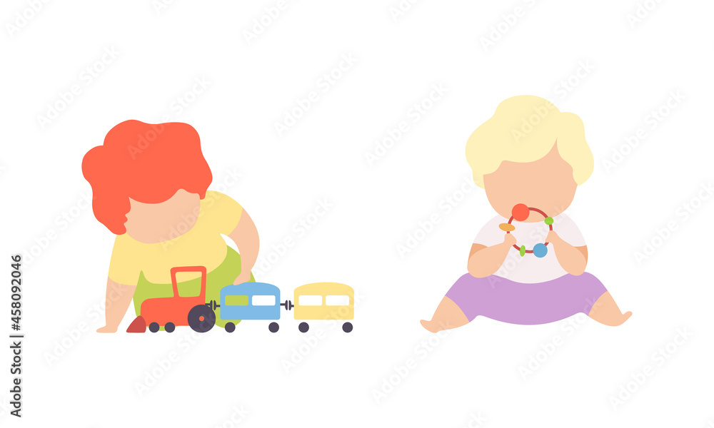 Baby Boy Sitting on the Floor and Playing Toys in Nursery Vector Set Baby Boy Sitting on the Floor and Playing Toys in Nursery Vector Set