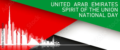 50 UAE National day flat paper style banner with UAE flag. Holiday card for 2 december 1971 - 2021, 50 National day United Arab Emirates Spirit of the union. Design with Dubai and Abu Dhabi silhouette