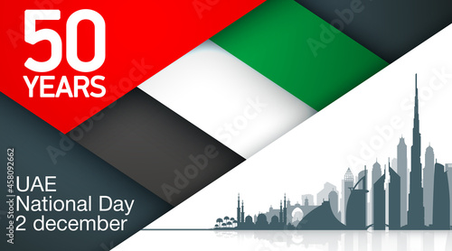50 UAE National day flat paper style banner with UAE flag. Holiday card for 2 december 1971 - 2021, 50 National day United Arab Emirates Spirit of the union. Design with Dubai and Abu Dhabi silhouette