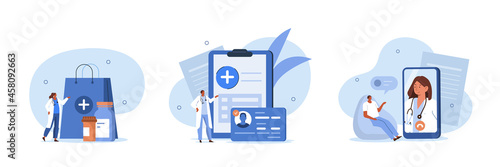 Various medical services. Characters talking with doctor online, buying medicament in pharmacy store, using health insurance policy. Medicine concept. Flat cartoon vector illustration and icons set.