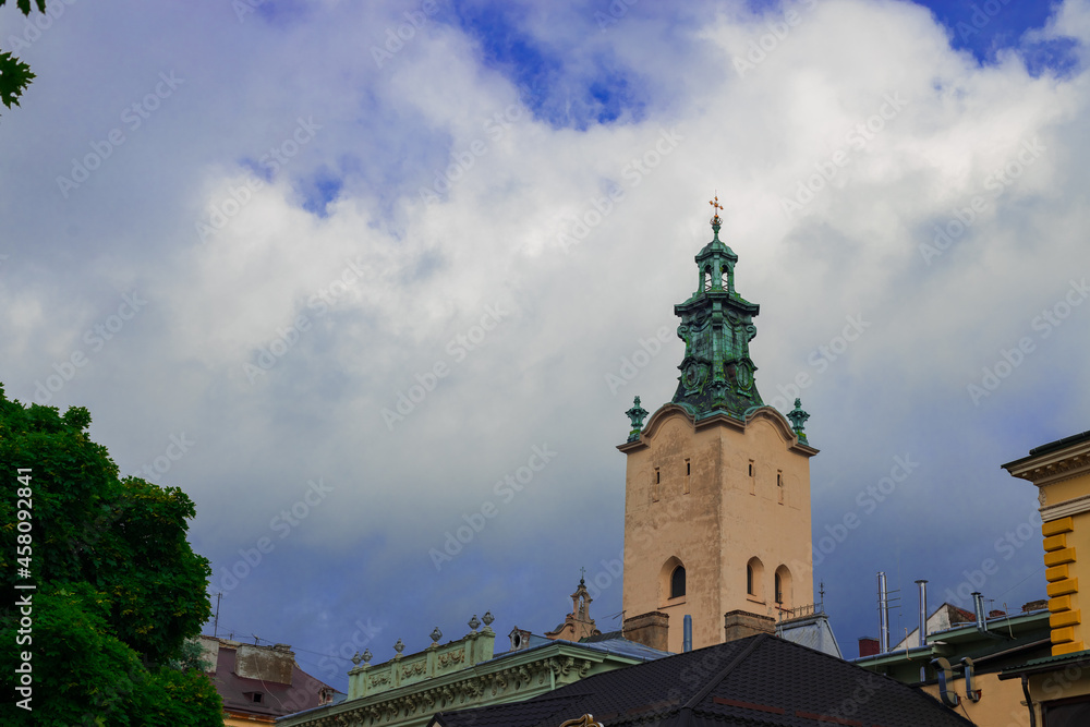 old town hall tower architecture touristic destination landmark sightseeing object in Ukrainian city Lviv near Poland border