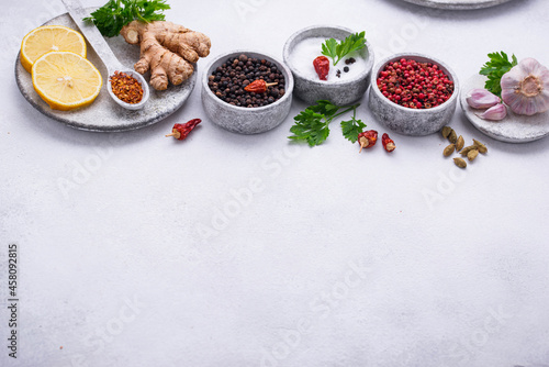 Different Asian spices in small bowls