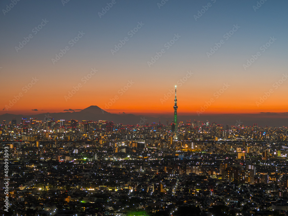 Obraz premium 市川市の150m展望台からの東京都心、富士山、スカイツリーの夜景