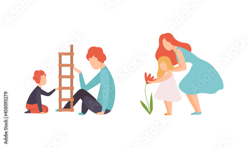 Parent and Their Children Spending Good Time Together Playing Jenga and Watching Flower Vector Set
