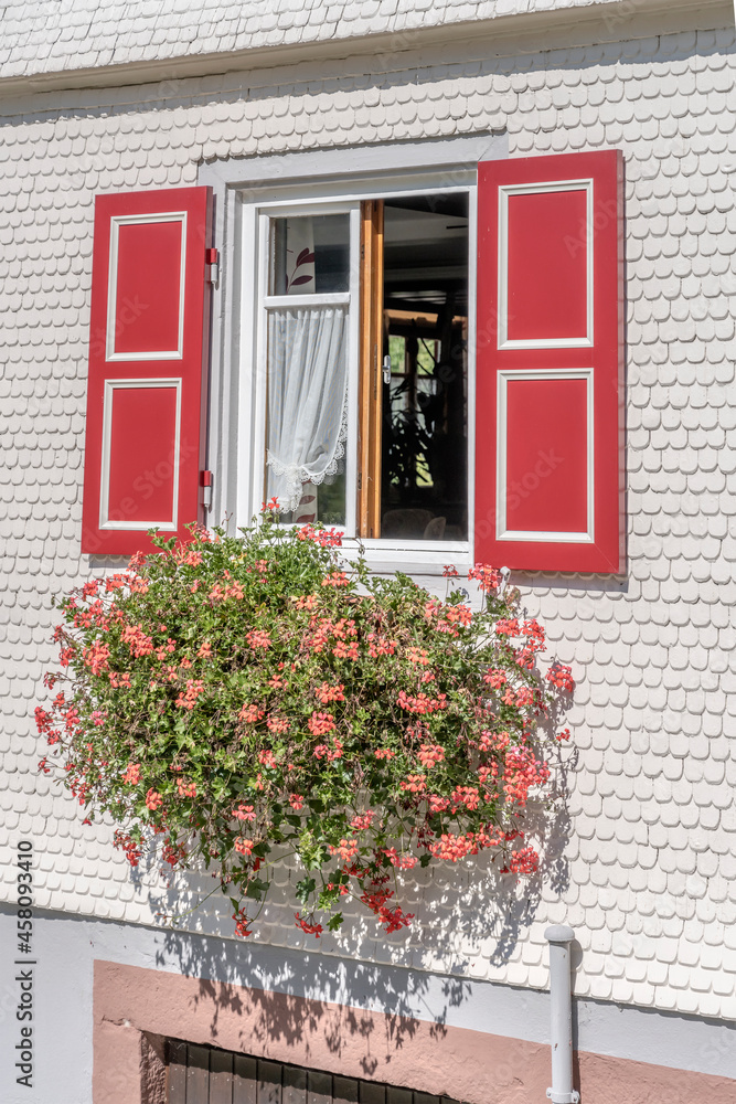 blossoming window of traditional house, near Oppenau, Black Forest, Germany