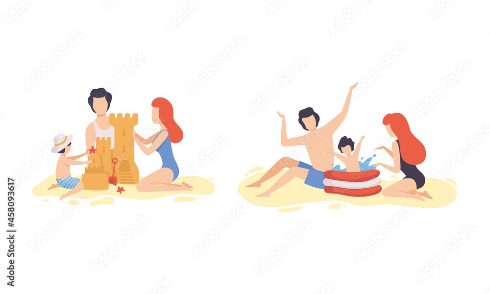 Family at Beach Scene with Father, Mother and Kid Having Fun Building Sand Castle and Splashing in Water Vector Set