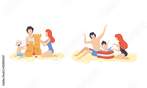 Family at Beach Scene with Father, Mother and Kid Having Fun Building Sand Castle and Splashing in Water Vector Set