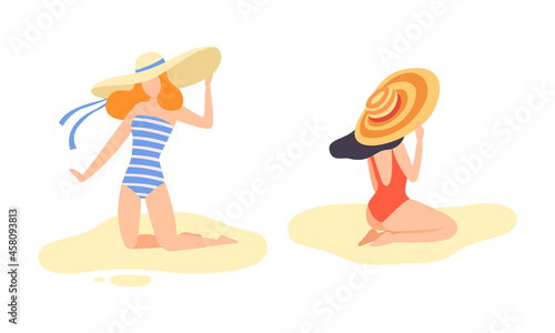 Young Woman in Swimsuit and Wide Brimmed Hat at Sea Shore Sunbathing Vector Set
