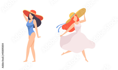 Young Woman in Swimsuit and Wide Brimmed Hat at Sea Shore Sunbathing Vector Set