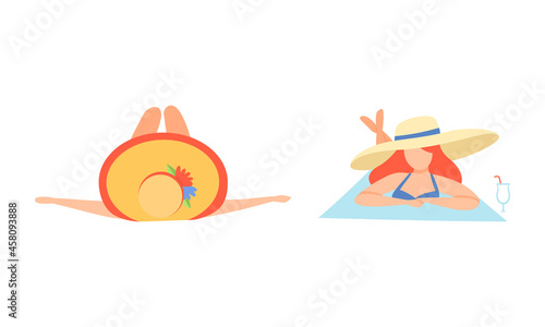 Young Woman in Swimsuit and Wide Brimmed Hat at Sea Shore Sunbathing Vector Set