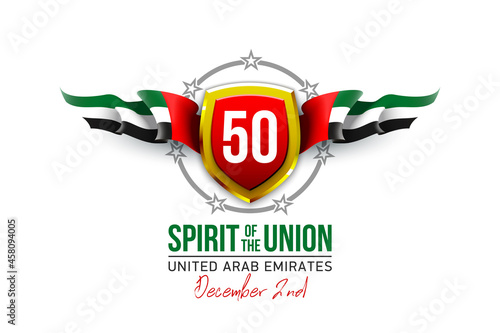 Fifty UAE national day, Spirit of the union. Logo with UAE flag and shield. Illustration of 50 years National day of the United Arab Emirates. protect of the 50th anniversary 2 December 1971 - 2021